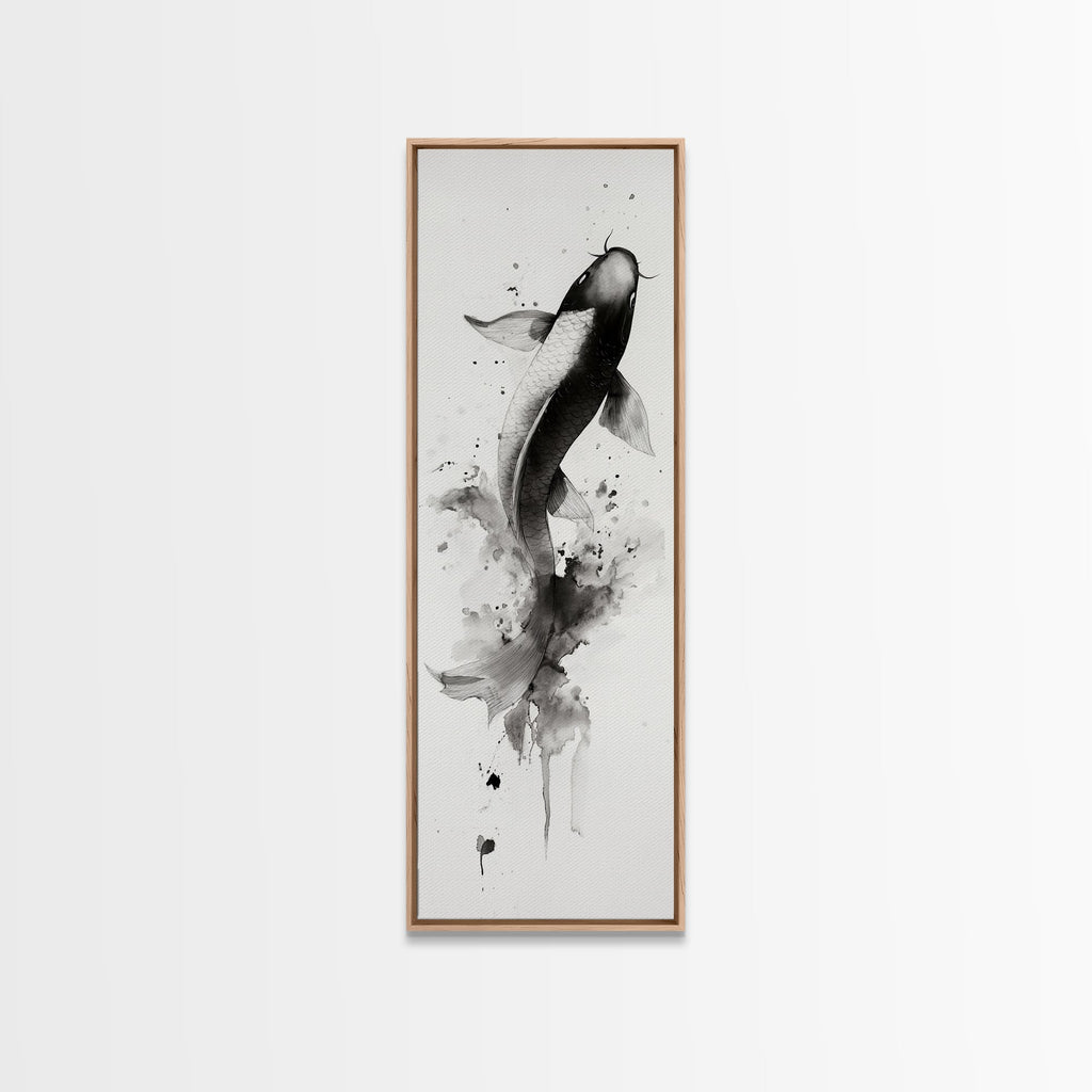 Tall Skinny Koi Fish Painting Print, Black and White Wabi Sabi Wall Art, Koi Fish Wall Decor, Japanese Style Elegant Artwork, Narrow Wall Art