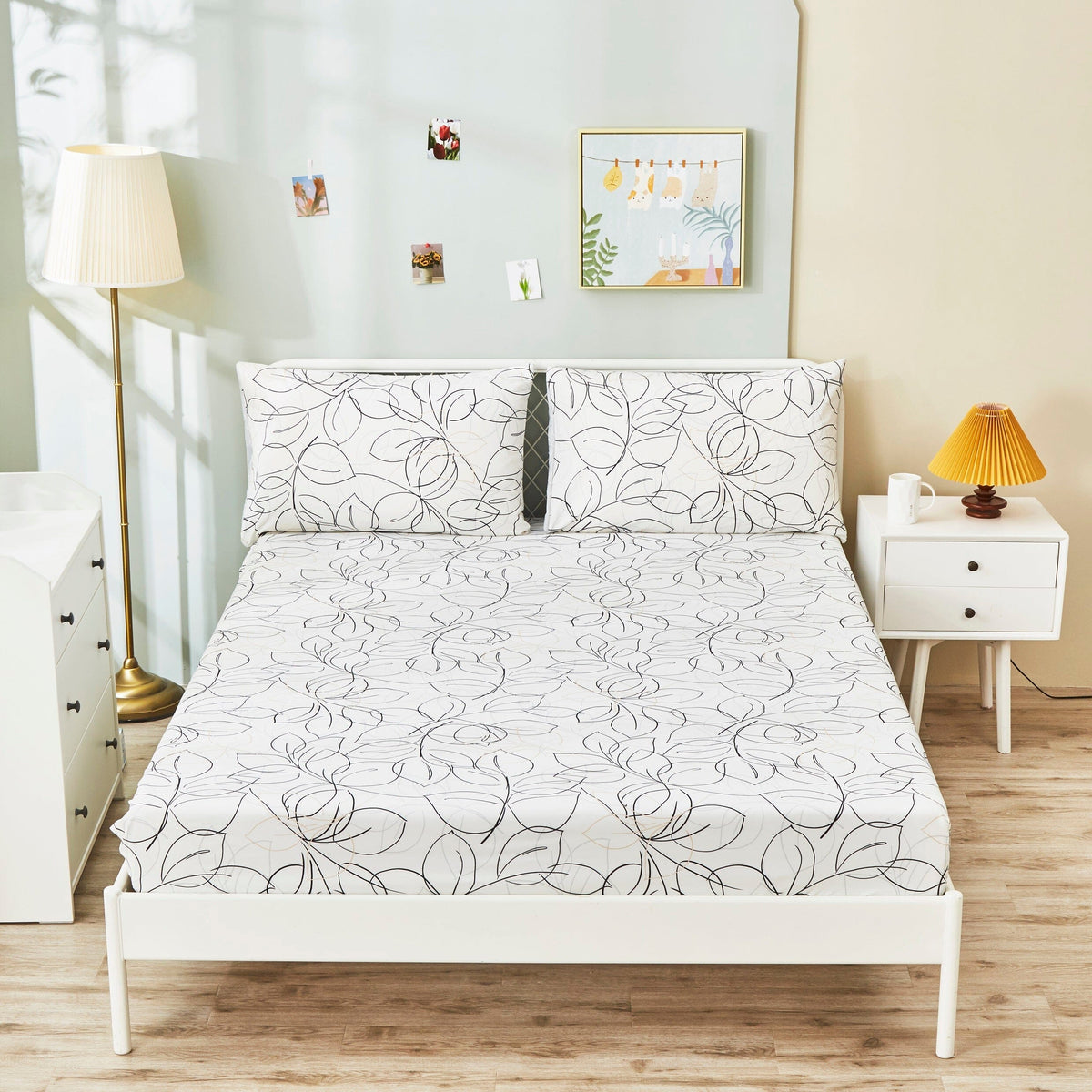 Tache Modern Abstract Leaf Line Art Foliage White Grey Black Gold Fitted Sheet / Flat Sheet (TJ3571)