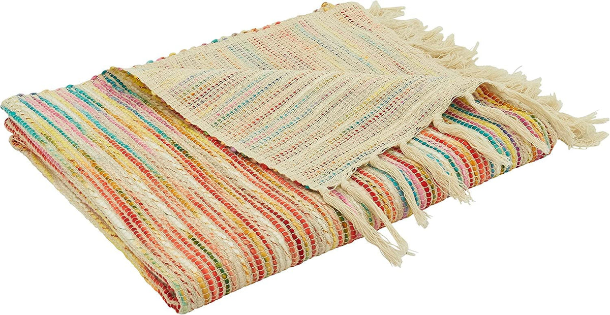Fennco Styles Rainbow Striped Throw Blanket with Fringe 50" W x 60" L – Multicolored Cotton Blend Blanket for Bed, Couch, Sofa, Holidays, Home Décor and Office Décor