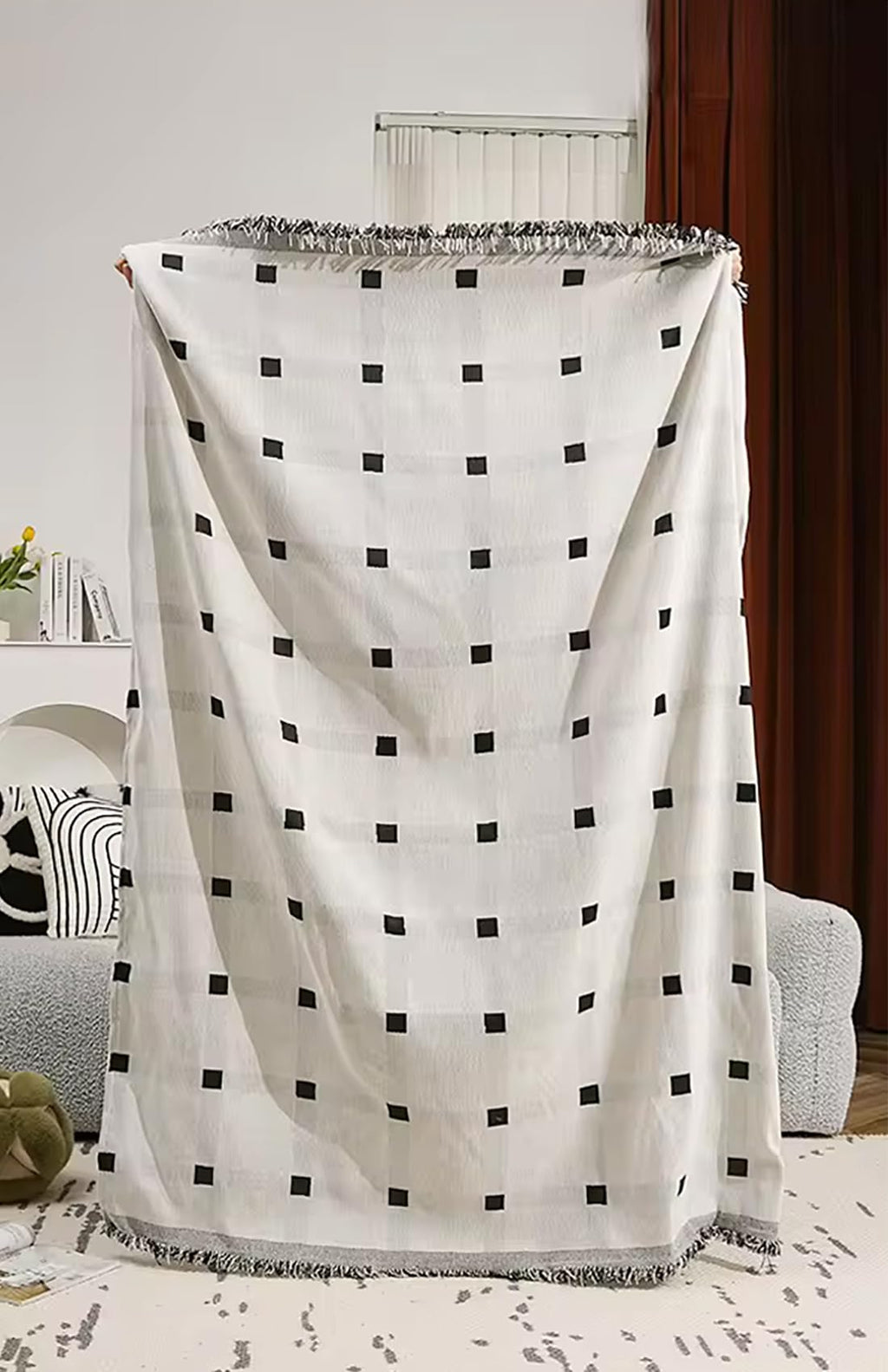 Fennco Styles Checkered Fringe Chenille Reversible Throw Blanket 50" W x 72" L - Black and White Plaid Woven Soft Blanket for Bed, Couch, Sofa, Home, Office and Holidays Décor