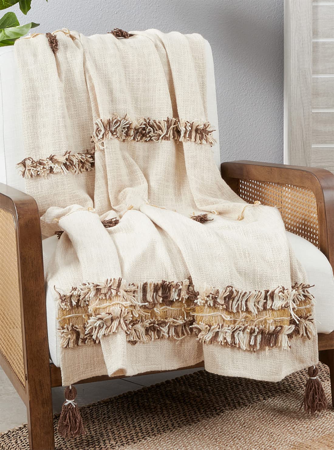 Fennco Styles Handmade Fringe Boho Cotton Throw Blanket 48" W x 72" L – Ivory Woven Tassel Blanket for Bed, Couch, Sofa, Holidays, Home Décor and Office Décor