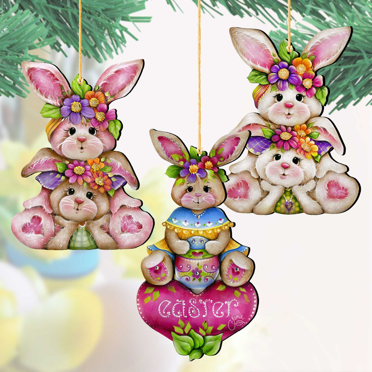 Easter Bunny Ornaments Set of 3- Spring Home Decor -Easter Basket Tag - Easter Gift by J. Mills-Price - 8091046-S3