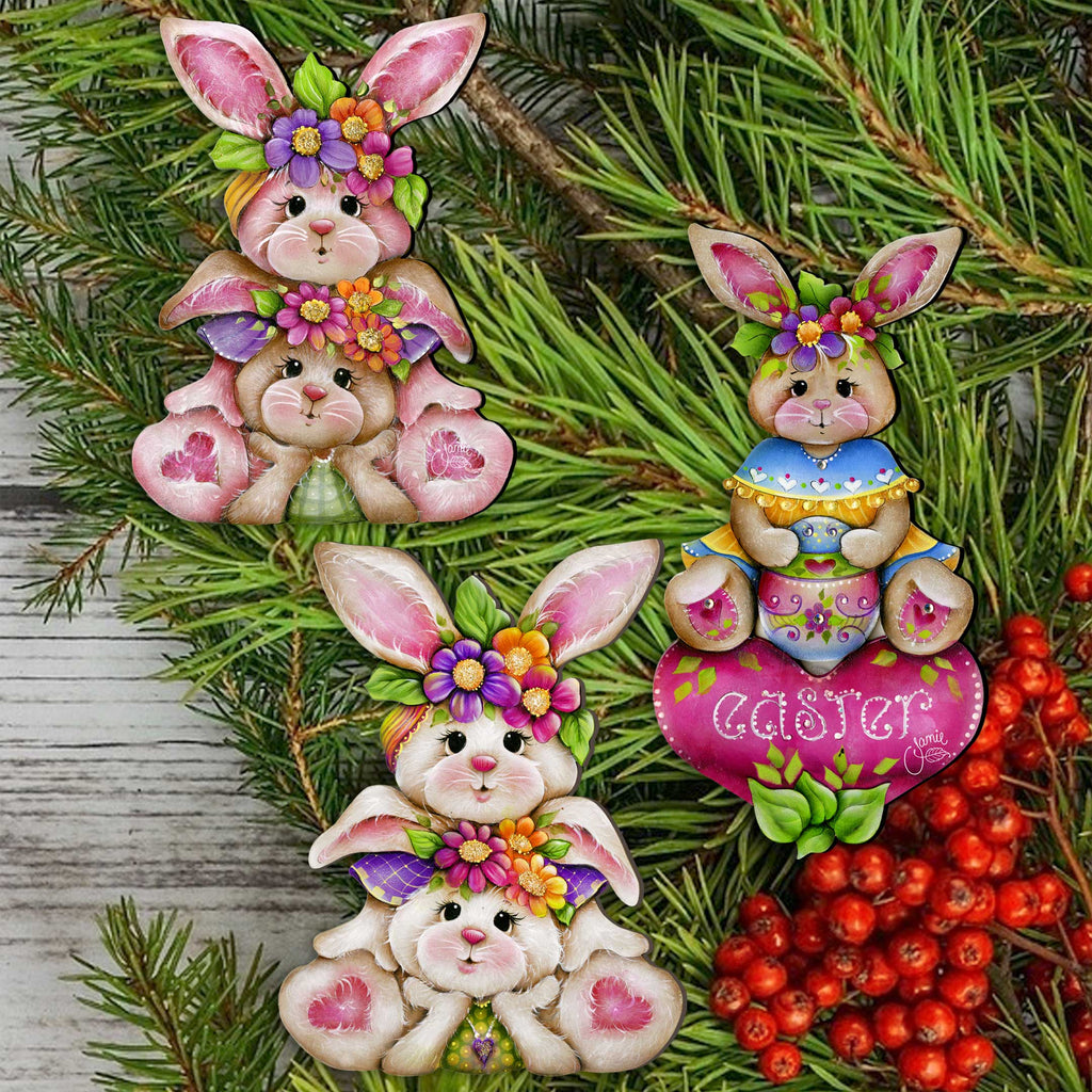 Easter Bunnies Clip-On Eco Wood Decorative Ornaments Set of 3 by J. Mills-Price - Easter Spring Decor - 8091046C-S3