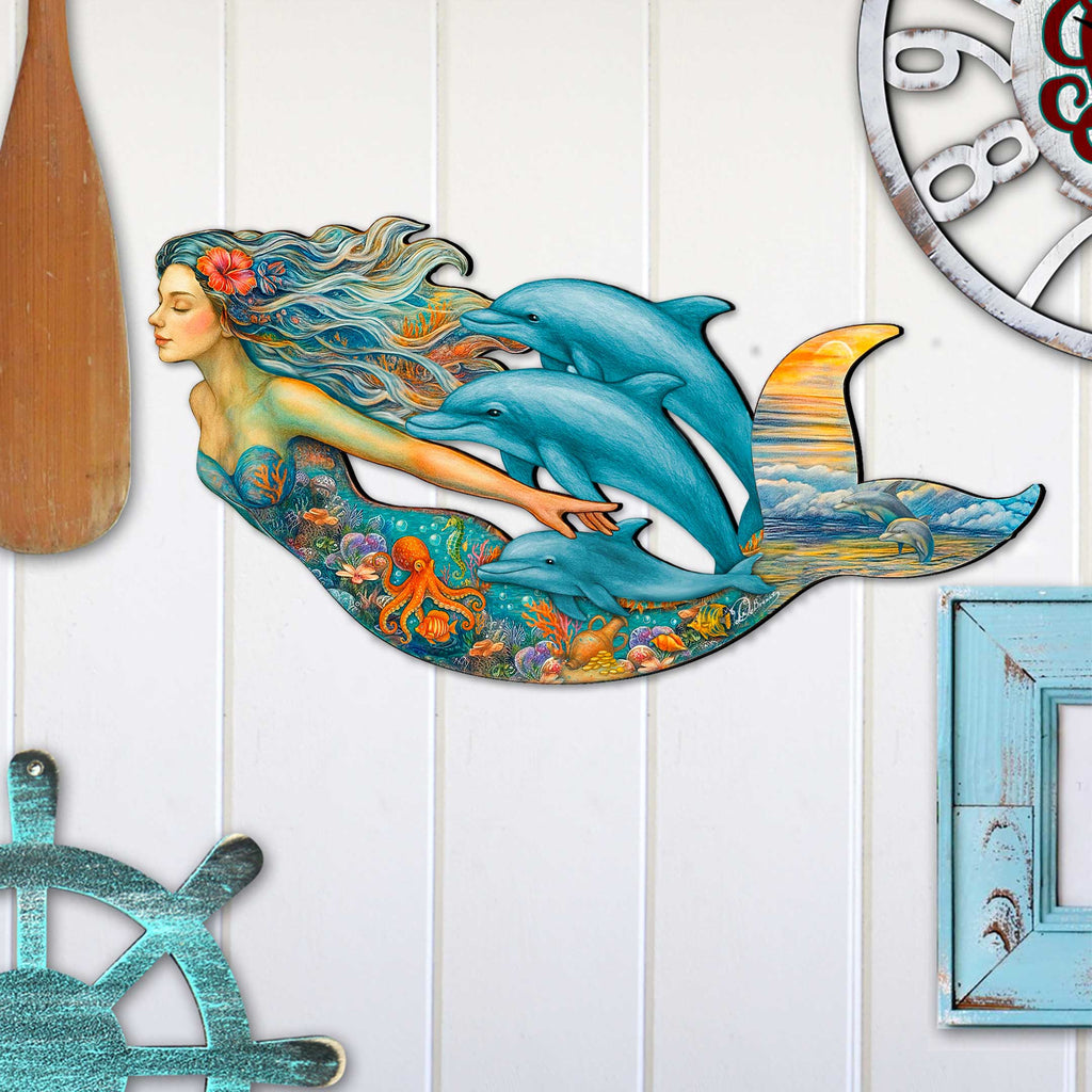 Mermaid & Dolphins Coastal Door Hanger - Handcrafted Ocean Fantasy Art Decor by G. DeBrekht - Coastal Holiday Decor - 81985143H