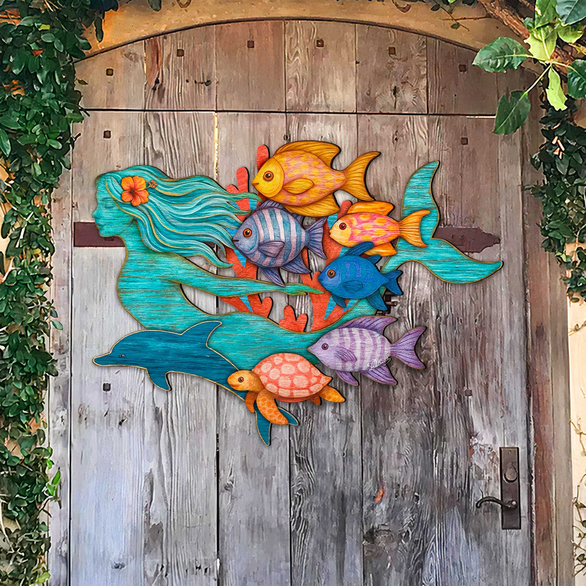 Tropical Mermaid Coastal Door Hanger - Handcrafted Underwater Friends Coastal Wall Art by G. DeBrekht - Coastal Holiday Decor - 81985144H