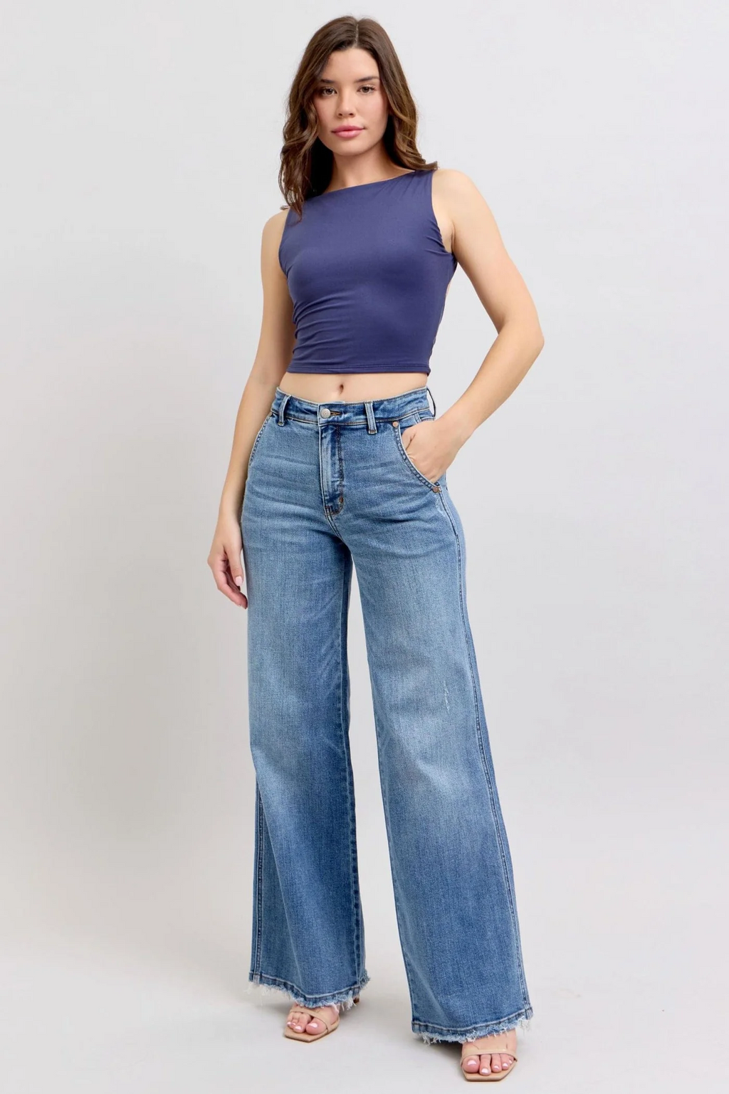 Judy Blue Lux High Waist Retro Wide Leg Jeans with Light Distressing