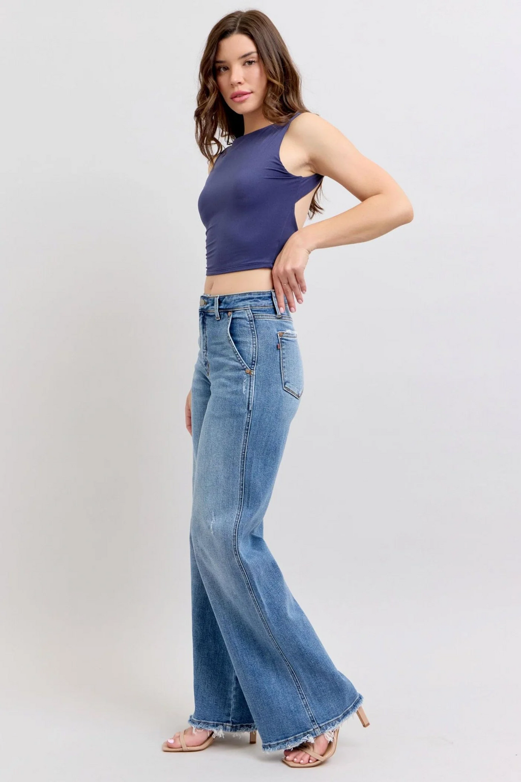 Judy Blue Lux High Waist Retro Wide Leg Jeans with Light Distressing