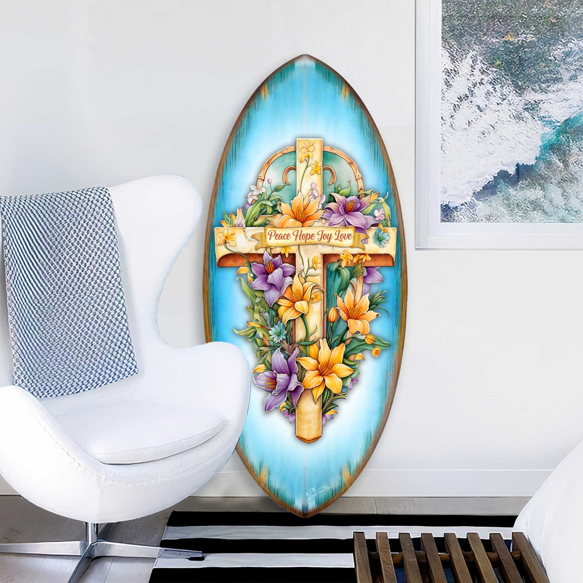 Christian Coastal Wall Decor - Peace Hope Joy Love Cross Surfboard Wall Art – Handcrafted Religious Decor by G.DeBrekht  – 8490156HS