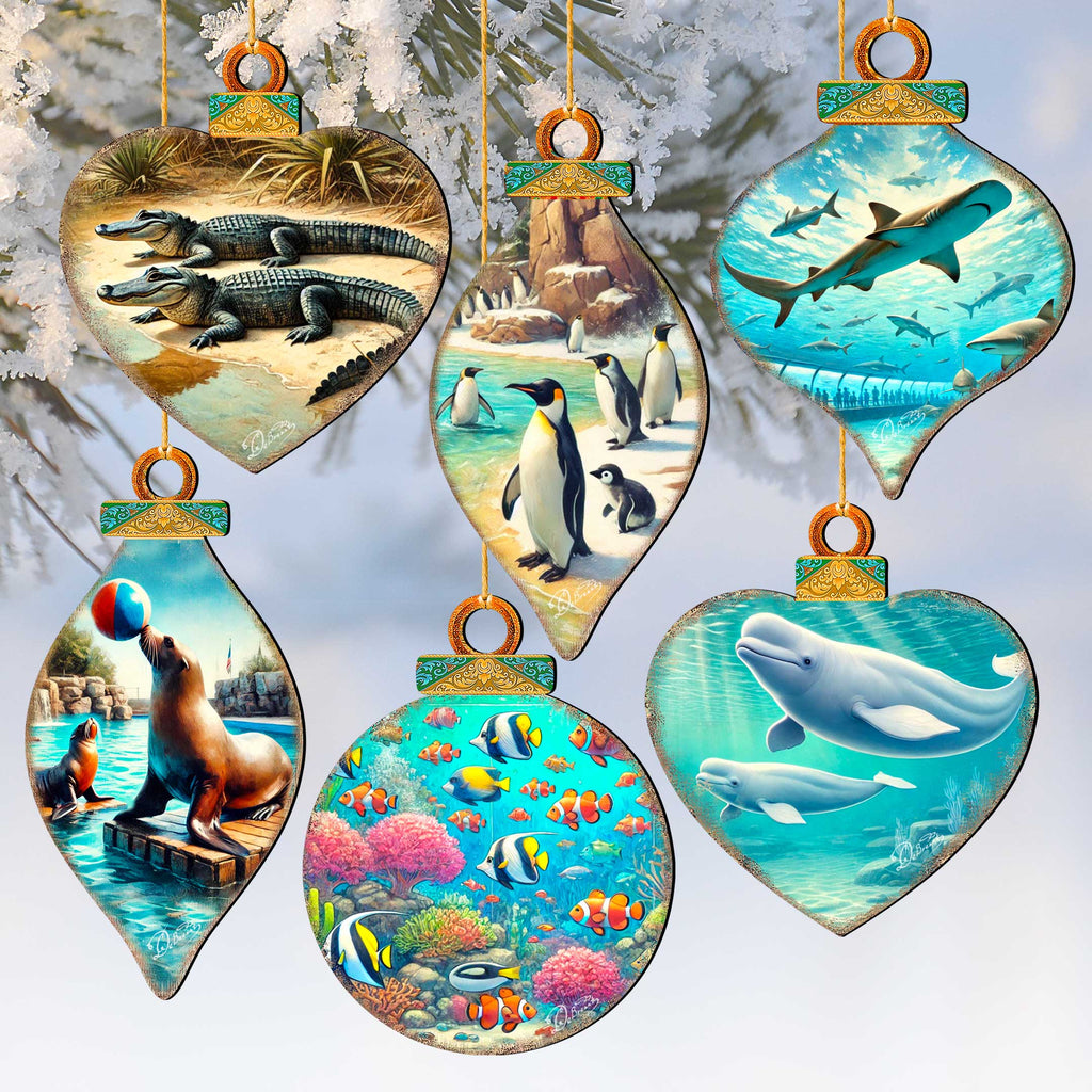 Ocean & Marine Life Eco Wood Christmas Ornaments Set of 12 – Handcrafted Coastal Décor by G.DeBrekht - 8610105-S12