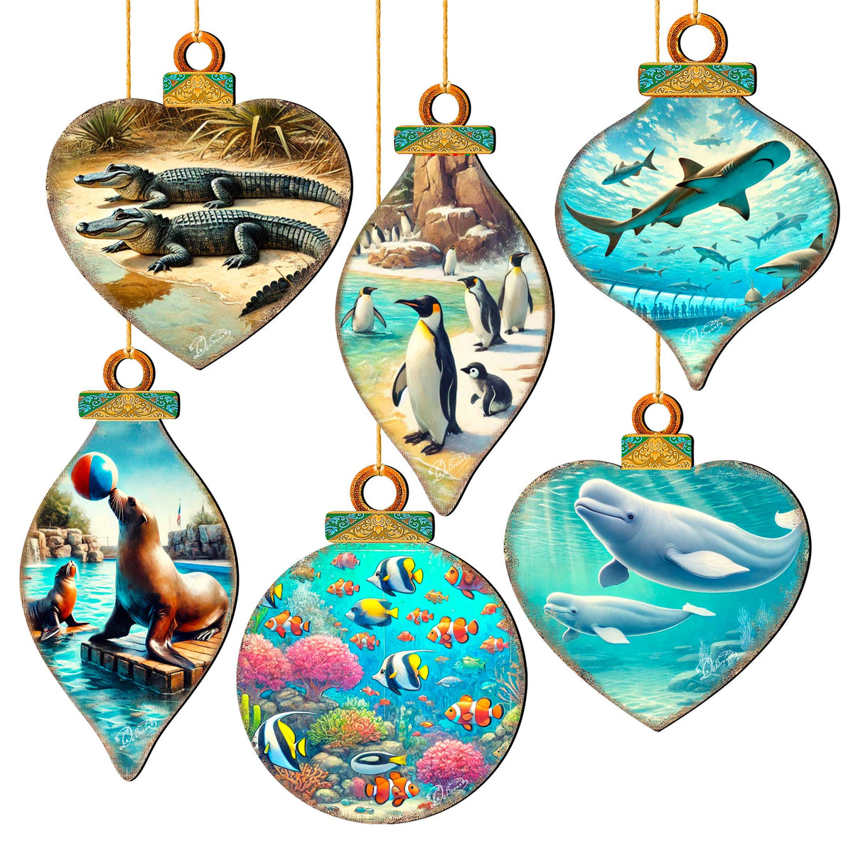 Ocean & Marine Life Eco Wood Christmas Ornaments Set of 12 – Handcrafted Coastal Décor by G.DeBrekht - 8610105-S12