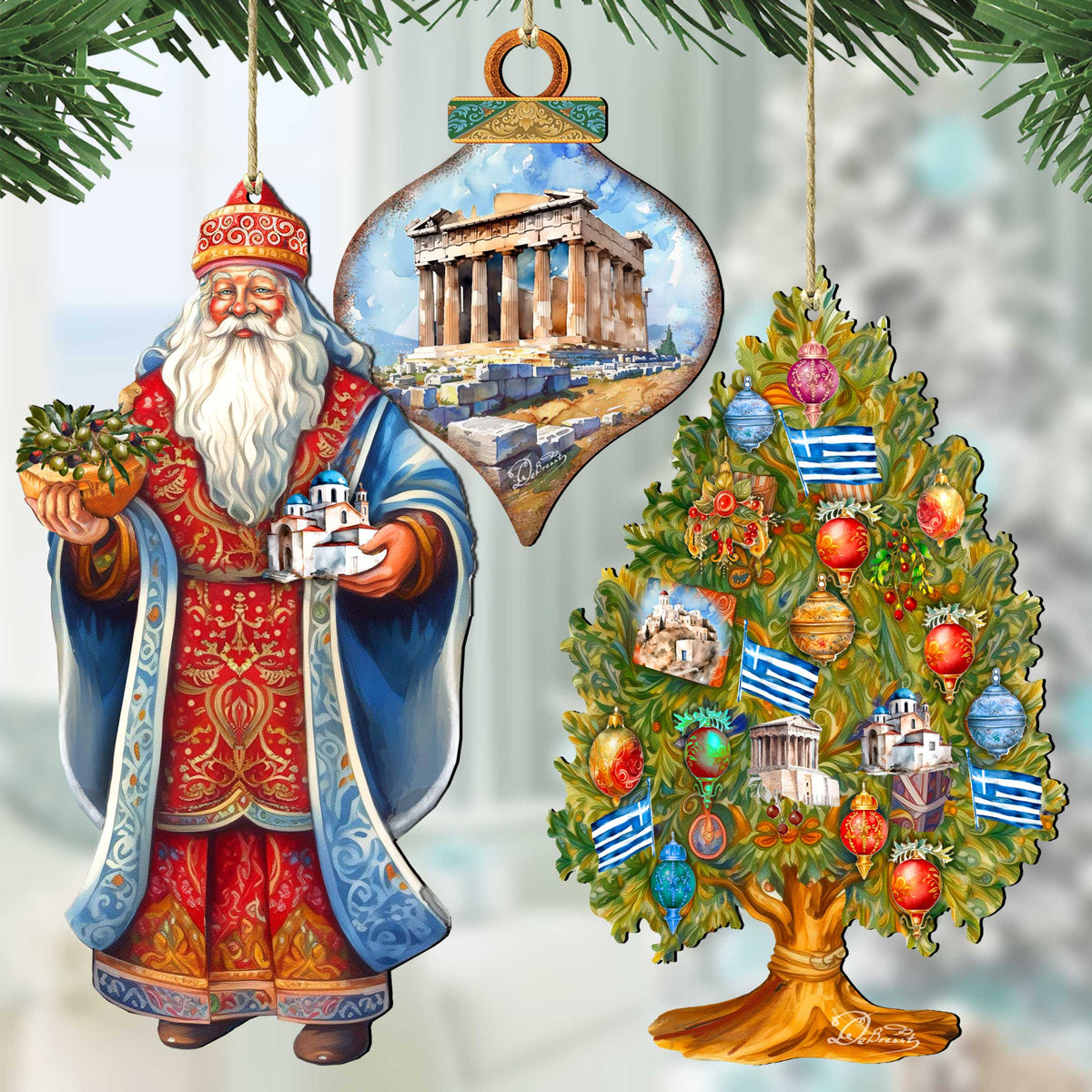 Santas Around the World - Greece Inspired Santa - Eco Wood Ornaments Set of 3 by G. DeBrekht Christmas Santa Snowman Decor - 8091316S3