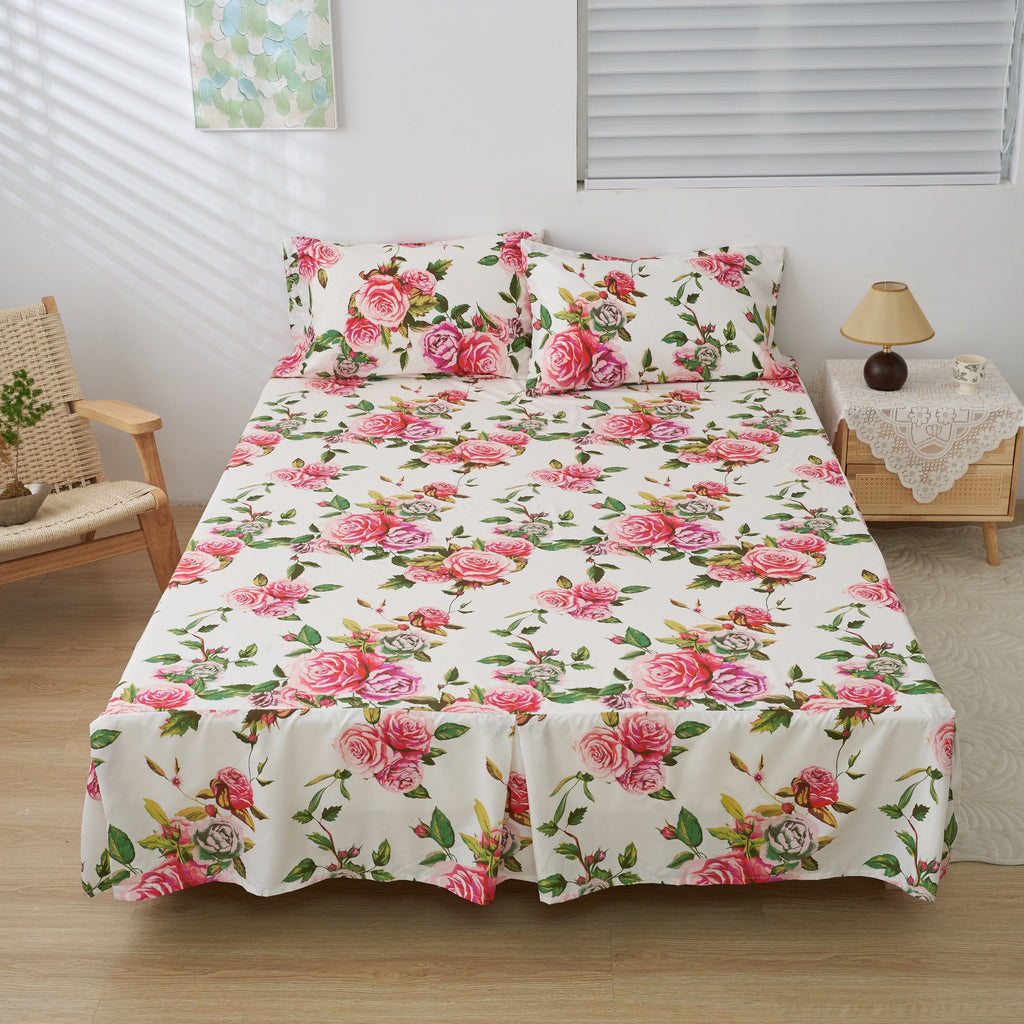 DaDa Bedding Romantic Roses Floral Bed Skirt - Matching Pink & White Ruffled Dust Ruffle for Quilted Coverlet Set - Lightweight & Breathable Polyester Bedskirt