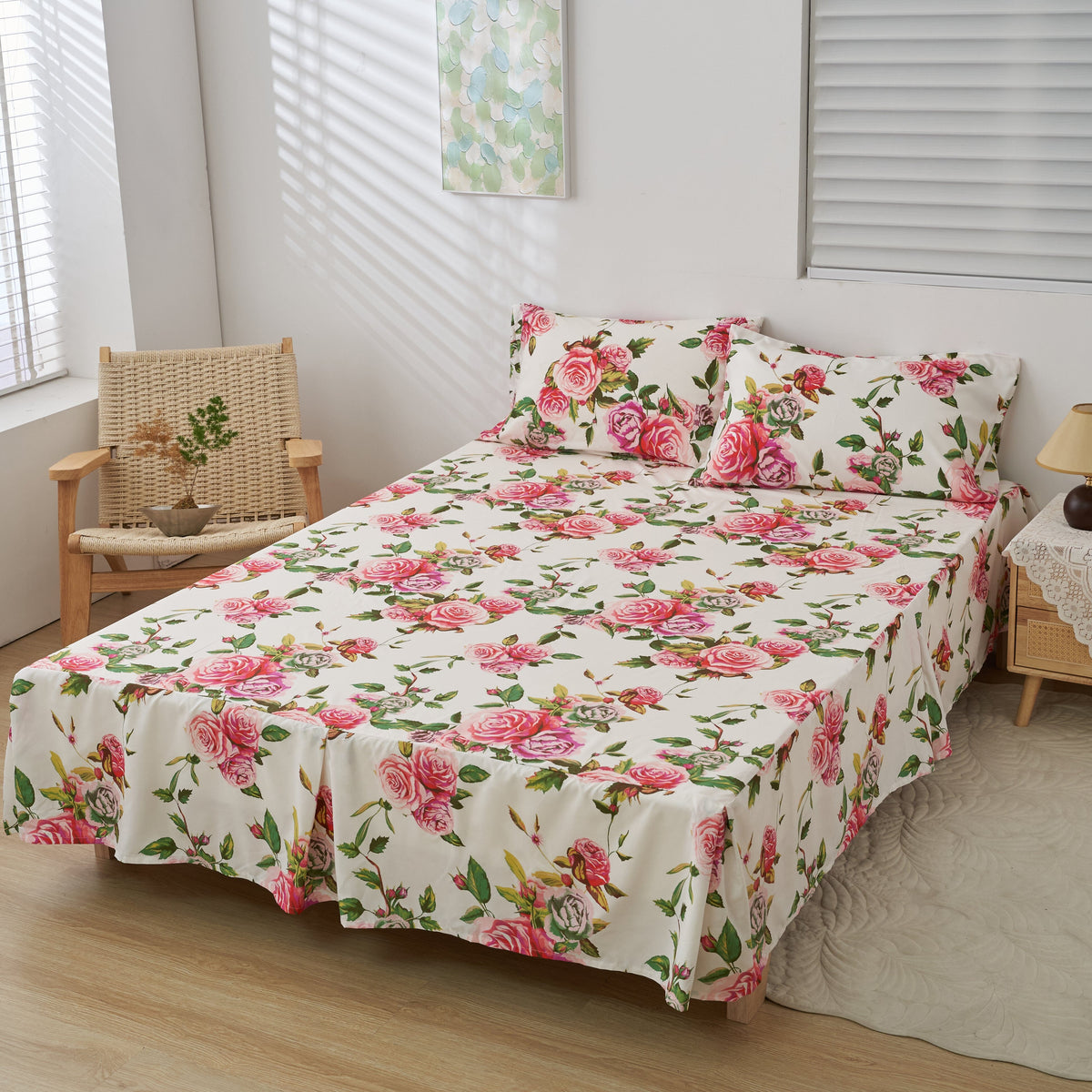 DaDa Bedding Romantic Roses Floral Bed Skirt - Matching Pink & White Ruffled Dust Ruffle for Quilted Coverlet Set - Lightweight & Breathable Polyester Bedskirt