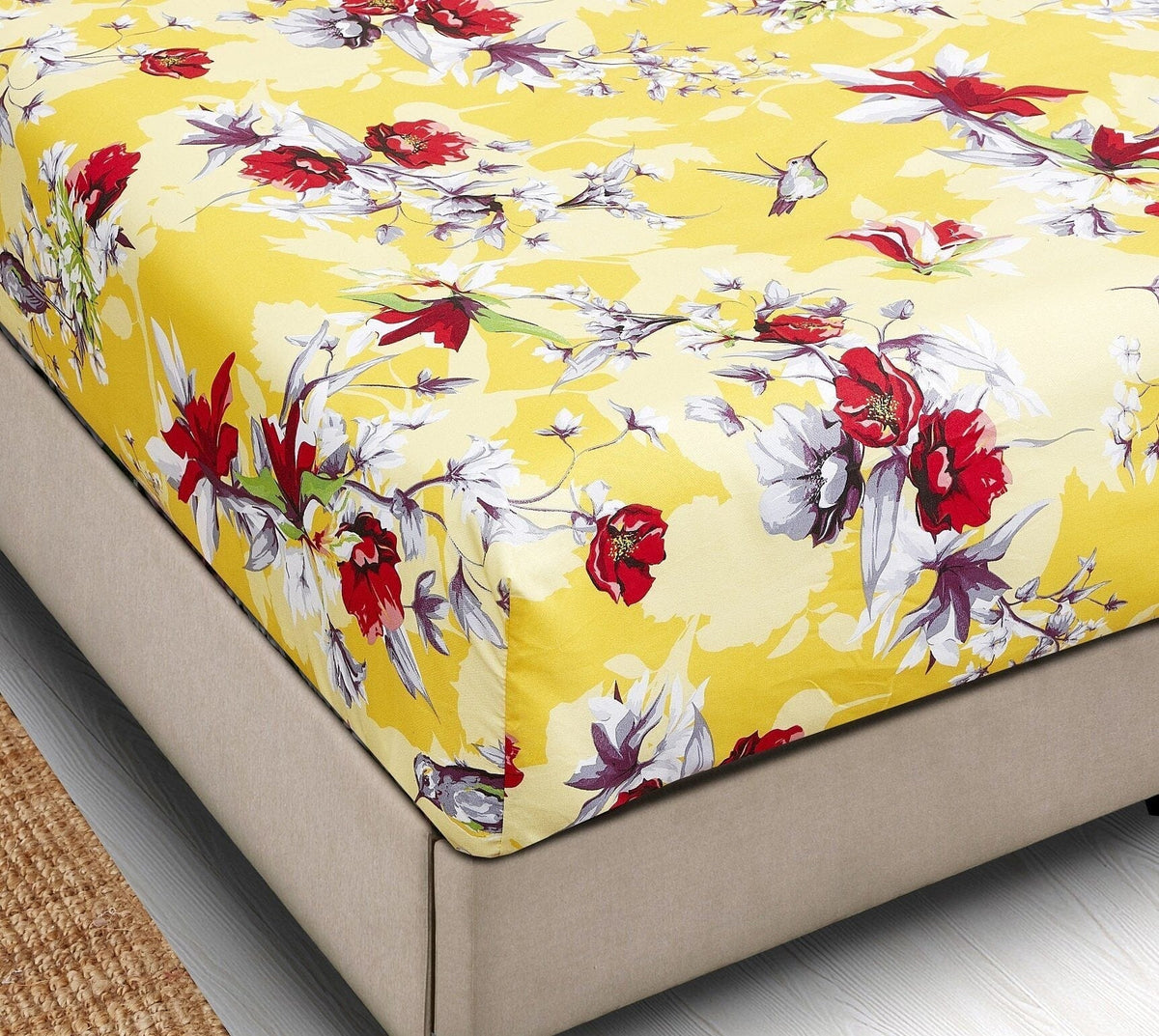 DaDa Bedding Sunshine Yellow Hummingbirds Floral Fitted Bed Sheet w/ Pillow Cases (JHW-925)