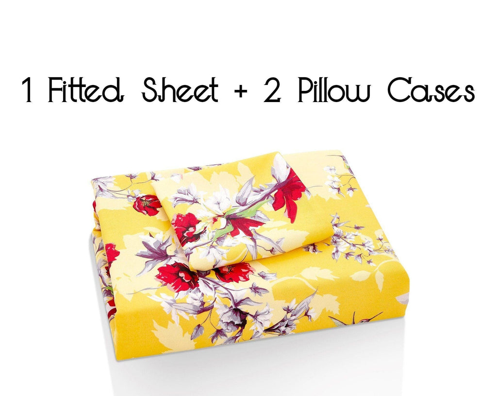 DaDa Bedding Sunshine Yellow Hummingbirds Floral Fitted Bed Sheet w/ Pillow Cases (JHW-925)