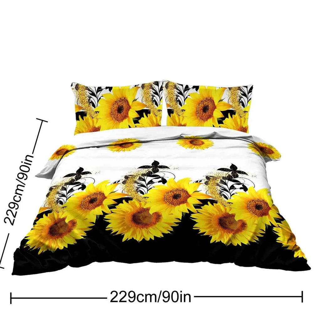 3 Pieces Black And White Background Sunflower Duvet Cover Set Yellow Flower Polyester Bedding Set For Adults Bedroom Decor Twin Full Queen King Size