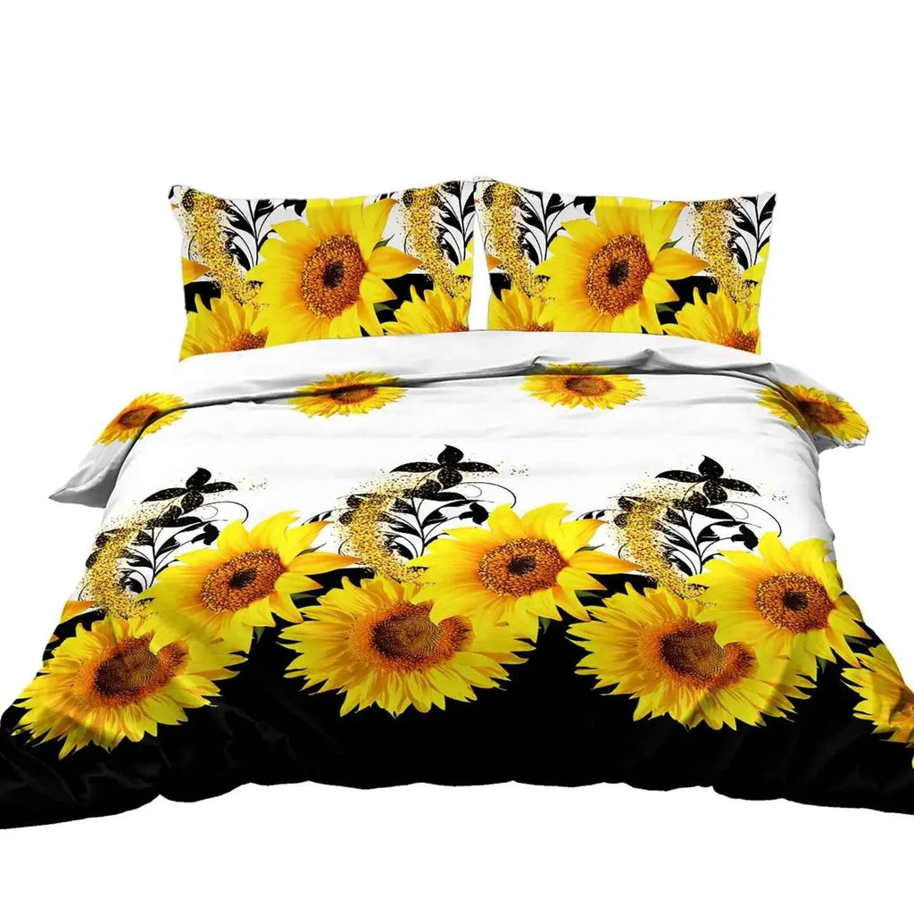 3 Pieces Black And White Background Sunflower Duvet Cover Set Yellow Flower Polyester Bedding Set For Adults Bedroom Decor Twin Full Queen King Size
