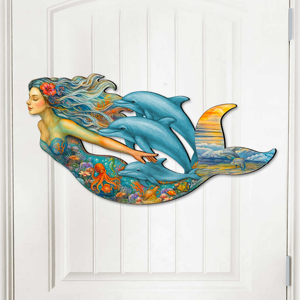 Mermaid & Dolphins Coastal Door Hanger - Handcrafted Ocean Fantasy Art Decor by G. DeBrekht - Coastal Holiday Decor - 81985143H