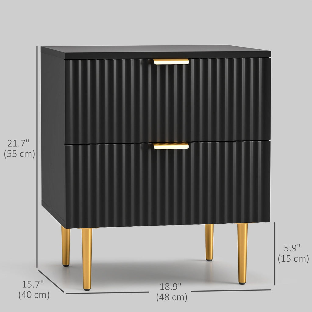 Bedside Table, Modern Nightstand with 2 Drawers, Side End Table with Metal Legs for Living Room, Bedroom, Black
