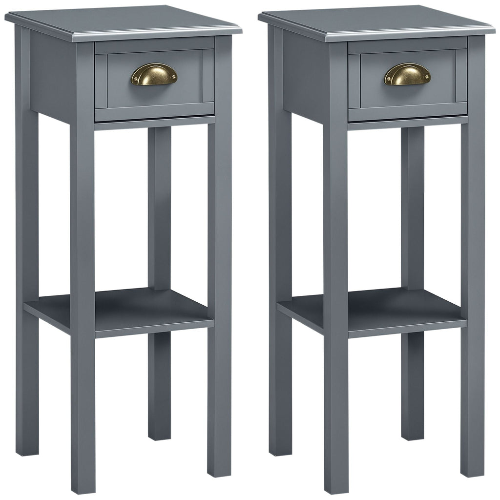 Bedside Table Set of 2, Narrow Side Table with Drawer and Shelf, 2 Tier Tall Nightstand for Bedroom, Grey
