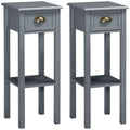 Bedside Table Set of 2, Narrow Side Table with Drawer and Shelf, 2 Tier Tall Nightstand for Bedroom, Grey