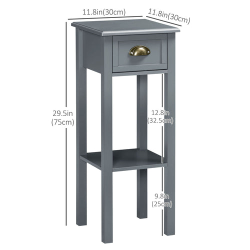 Bedside Table Set of 2, Narrow Side Table with Drawer and Shelf, 2 Tier Tall Nightstand for Bedroom, Grey