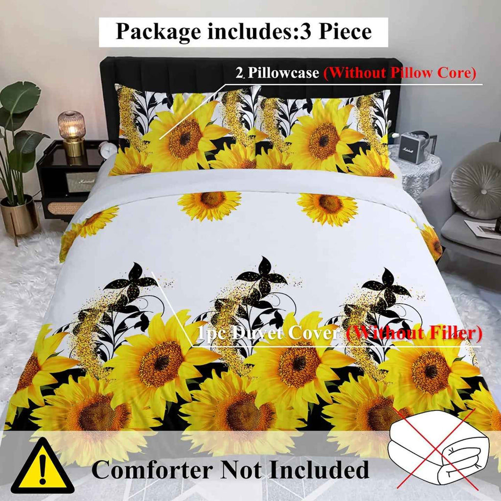 3 Pieces Black And White Background Sunflower Duvet Cover Set Yellow Flower Polyester Bedding Set For Adults Bedroom Decor Twin Full Queen King Size