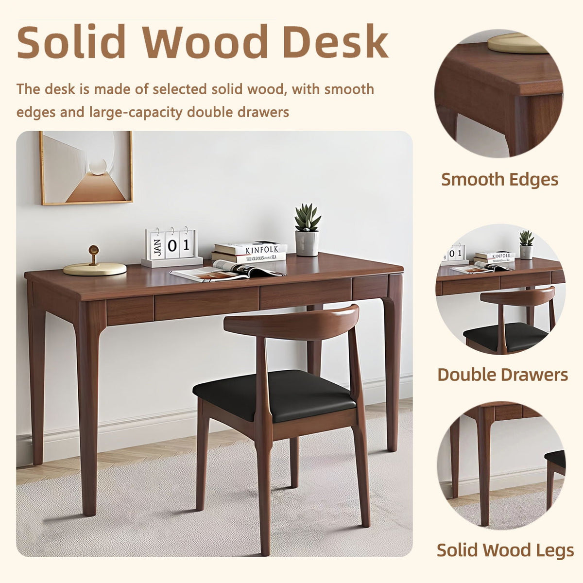 Desk With Drawers, Smooth Edge Design - Walnut