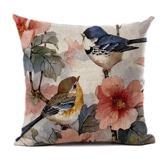 Lovely Bird Polyester Cotton Cushion Cover Bird On The Tree Accent Decorative Throw Pillow Case Hand Painted Cushion Cover Cute Bird Pillow Shells Flower Pattern Pillow Covers Decorative For Sofa Bed Living Room Luxury New Stylish Pillows 45x45cm