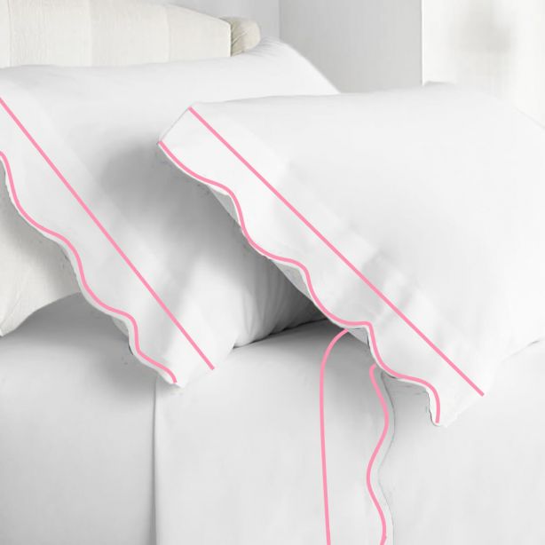 400TC Cotton Scallop Embroidery & Border Sateen Solid Sheet Set