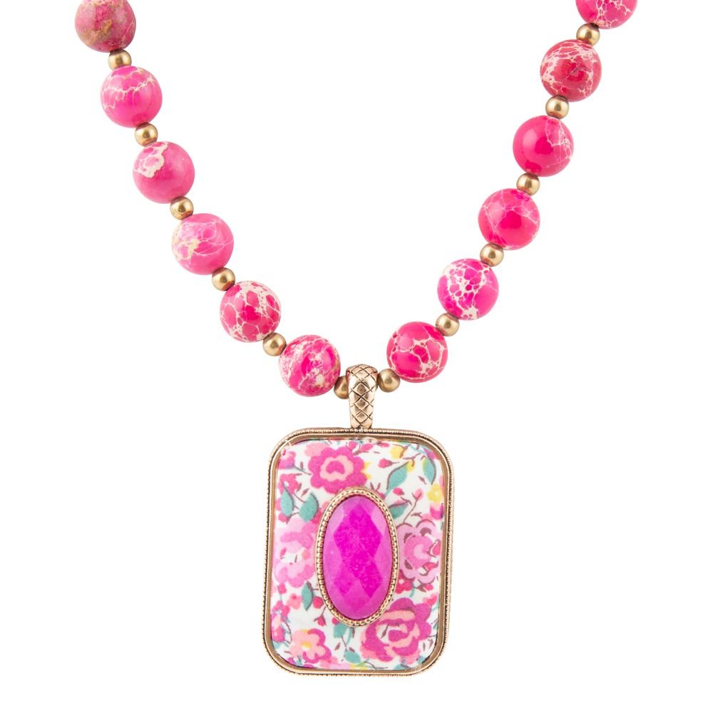 Pink Agate Stacked Stone Floral Pendant Necklace