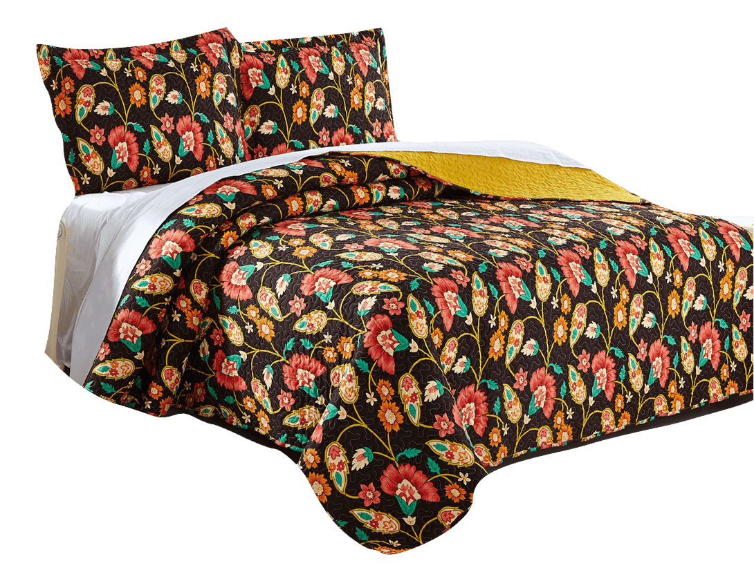 DaDa Bedding Marigold’s Floral Brown Yellow Botanical Garden Quilted Bedspread Set (HS-3330)