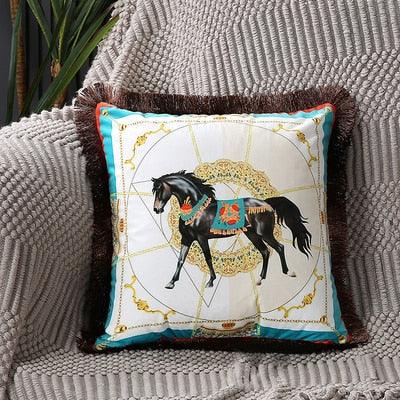 Unique Designed European American Luxury Printed Polyester Cushion Cover Horse printed Lumbar Cover Tassel Edge Modern Throw Pillow Covers Square Decorative Set Cushion Covers For Home Bed Couch Sofa Bench