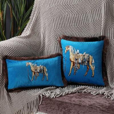 Unique Designed European American Luxury Printed Polyester Cushion Cover Horse printed Lumbar Cover Tassel Edge Modern Throw Pillow Covers Square Decorative Set Cushion Covers For Home Bed Couch Sofa Bench
