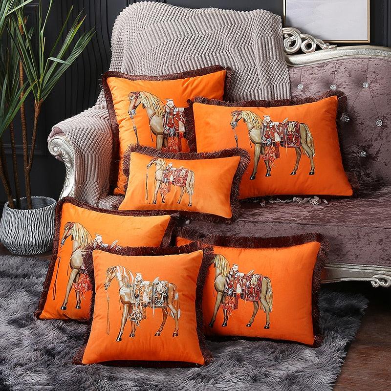 Unique Designed European American Luxury Printed Polyester Cushion Cover Horse printed Lumbar Cover Tassel Edge Modern Throw Pillow Covers Square Decorative Set Cushion Covers For Home Bed Couch Sofa Bench