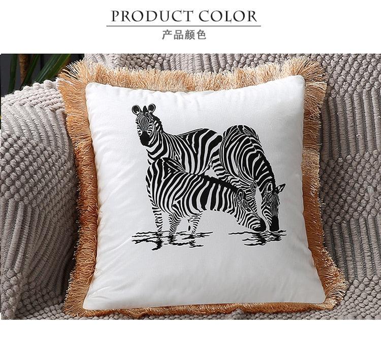 Unique Designed European American Luxury Printed Polyester Cushion Cover Horse printed Lumbar Cover Tassel Edge Modern Throw Pillow Covers Square Decorative Set Cushion Covers For Home Bed Couch Sofa Bench